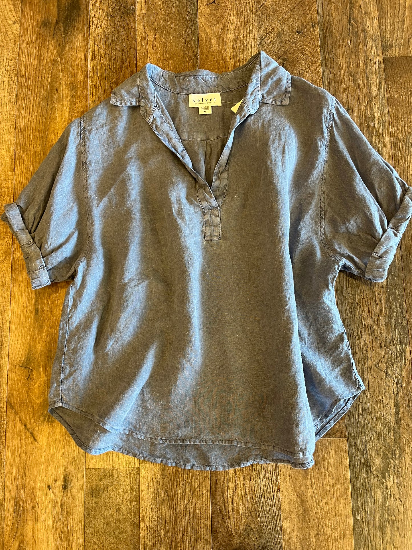 Velvet Short Sleeve Linen V-Neck